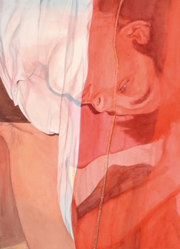 Aquarell: Ein Kopf mit geschlossenen Augen in Rot, seitlich gedreht, daneben helle Stofffalten, ein Seil zieht sich senkrecht durchs Bild.