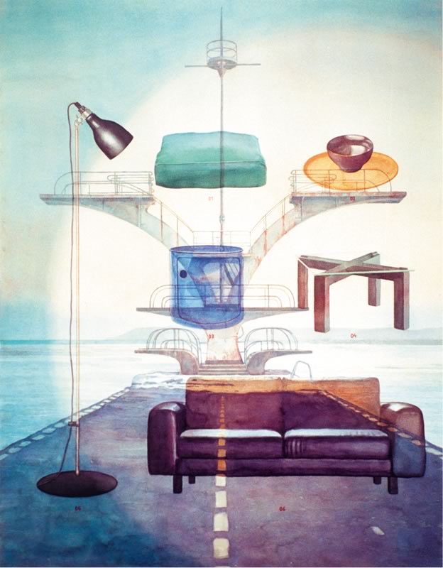 Aquarell: Ein Sprungturm mit Plattformen über einer Straße am Wasser, darüber schweben eine Stehlampe, ein grünes Kissen, ein Beistelltisch, ein Sofa und ein Teller mit Schüssel.