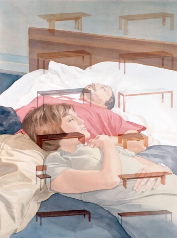 Aquarell: Ein Paar liegt schlafend im Bett, sie in Grau, er in Rot, über das Bild verteilt schweben kleine Holzbänke und ein Stuhl.