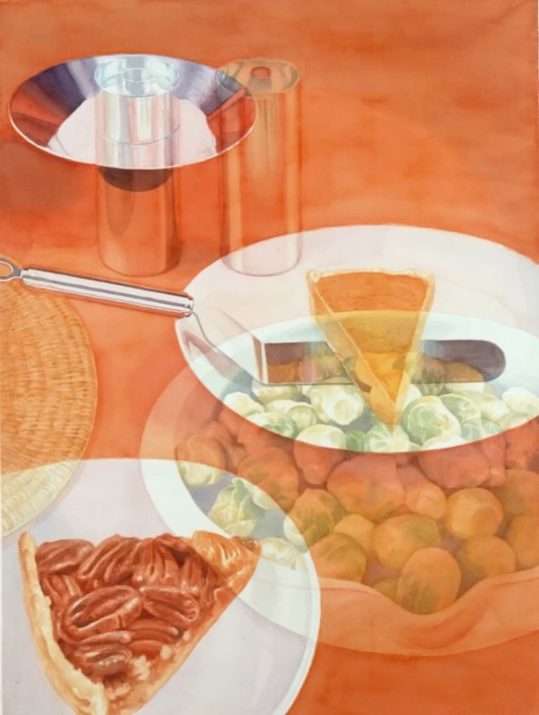 Aquarell: Vor orangefarbenem Grund liegen Teller mit Nusstorte und Kürbistorte, Rosenkohl in einer Schale, ein Tortenheber und glänzende Metalldosen, die Teller überlagern sich durchscheinend.