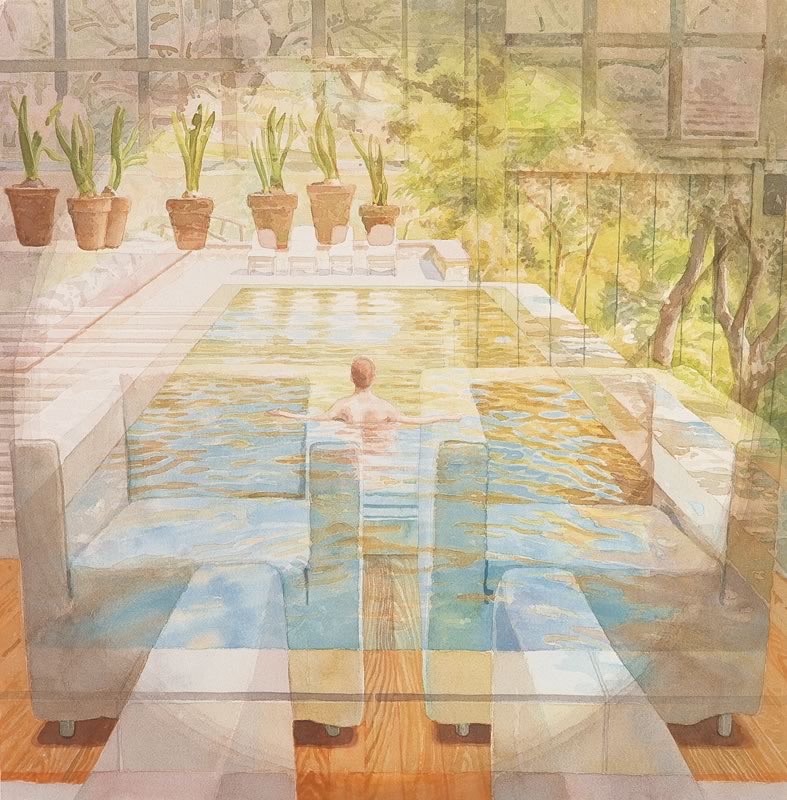 Aquarell: Ein Mann schwimmt in einem Becken in einem Wintergarten, davor durchscheinend zwei helle Sofas, im Hintergrund Töpfe mit Pflanzen und Bäume.
