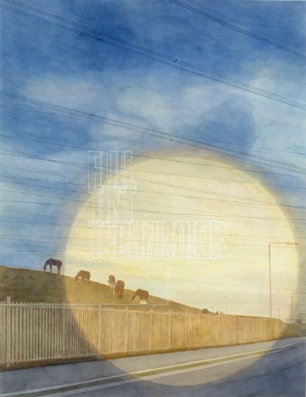 Aquarell: Pferde weiden auf einem Hügel hinter einem Zaun, davor eine Straße, über dem Bild eine helle Scheibe, Stromleitungen und die durchscheinende Schrift „FULL IN TECHNICOLOR“.