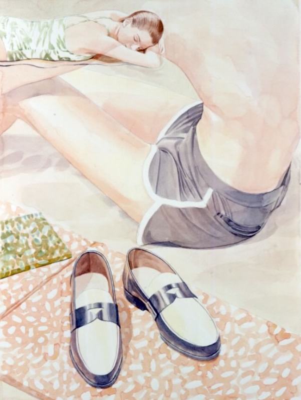Aquarell: Eine Frau liegt in Badeanzug auf einem Handtuch, daneben ein Mann in grauer Hose von hinten, davor ein Paar weiß-schwarzer Halbschuhe.