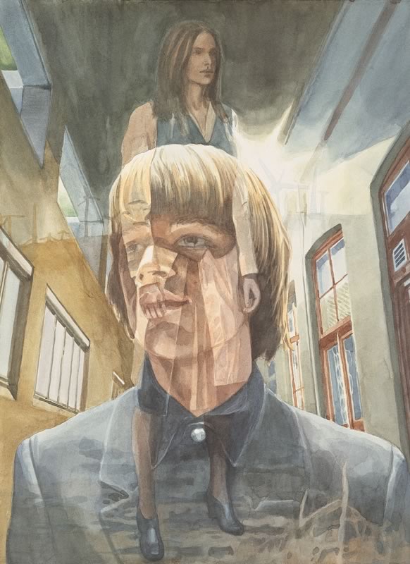 Aquarell: Ein junger Mann mit blondem Haar und grauem Sakko in einer schmalen Gasse zwischen Häusern, hinter ihm eine kleine Frau in Weste, sein Gesicht ist durchscheinend mehrfach überlagert.