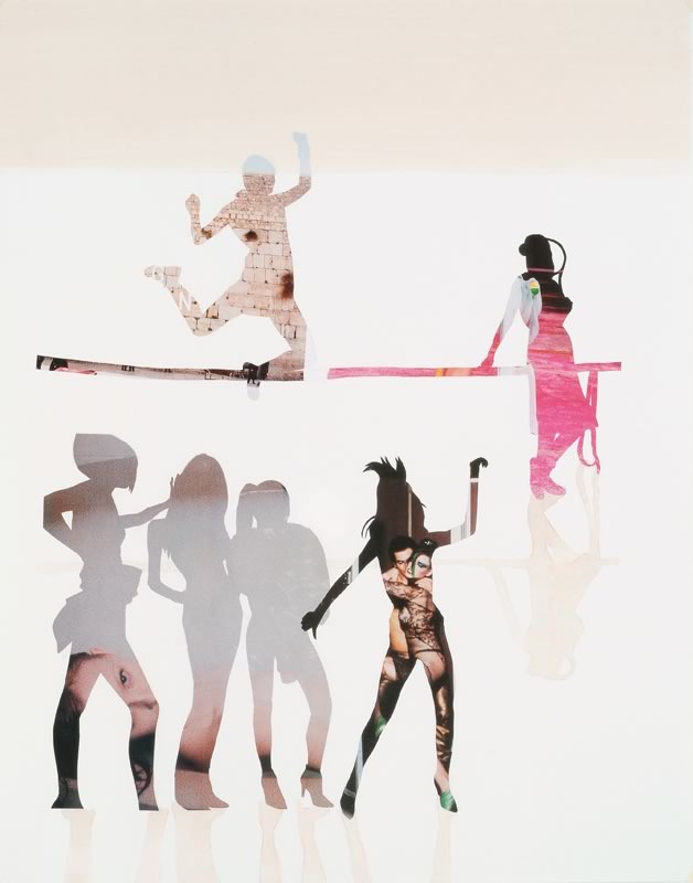 Collage und Aquarell: Silhouetten von tanzenden Frauen und einer Frau auf einer Bank auf weißem Grund, die Körper sind mit Bildausschnitten aus Zeitschriften gefüllt.