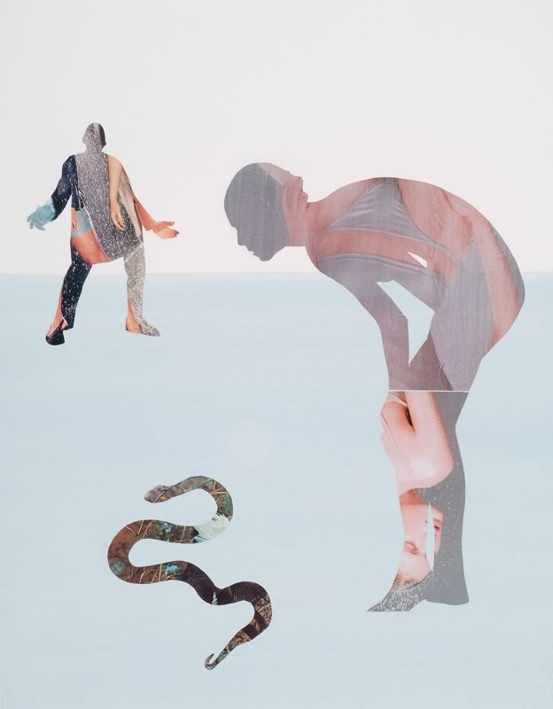 Collage und Aquarell: Ein Mann beugt sich nach vorn, daneben eine gehende Gestalt und eine Schlange auf hellblauem Grund, die Figuren bestehen aus Bildausschnitten.