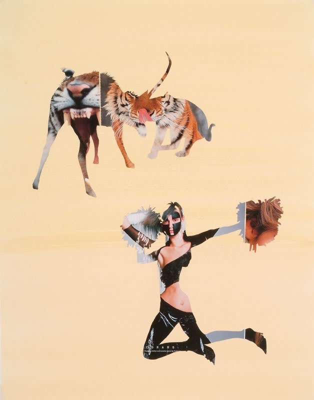 Collage und Aquarell: Zwei Tiger, einer mit aufgerissenem Maul, und eine springende Frau in schwarzem Lederkleid auf gelbem Grund, die Figuren bestehen aus Bildausschnitten.
