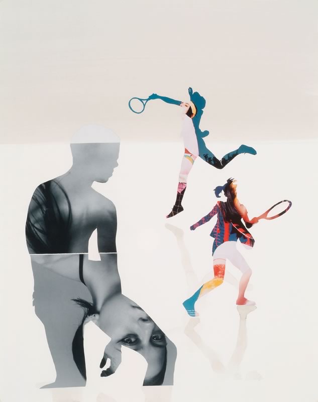 Collage und Aquarell: Zwei Tennisspielerinnen mit Schlägern und zwei Personen in Schwarz-Weiß im Vordergrund auf weißem Grund, die Figuren bestehen aus Bildausschnitten.