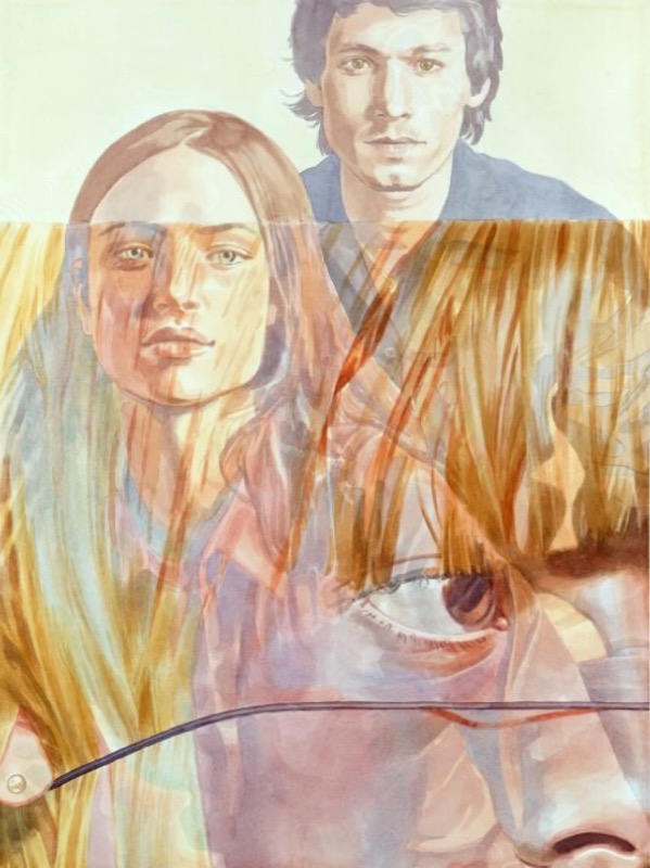 Aquarell: Ein junger Mann und eine junge Frau blicken frontal aus dem Bild, im Vordergrund liegt groß ein zweites Gesicht mit blondem Pony und Auge, die Farben laufen in Orange und Blau ineinander.