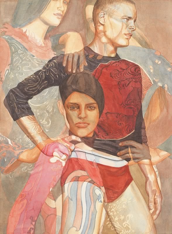 Aquarell: Drei junge Menschen dicht beieinander, ein junger Mann in rotem Oberteil mit kurzem Haar, dahinter eine Frau in grauem Kleid und ein Mädchen mit Kopfbedeckung, durchscheinend überlagert in Rot, Rosa und Grau.