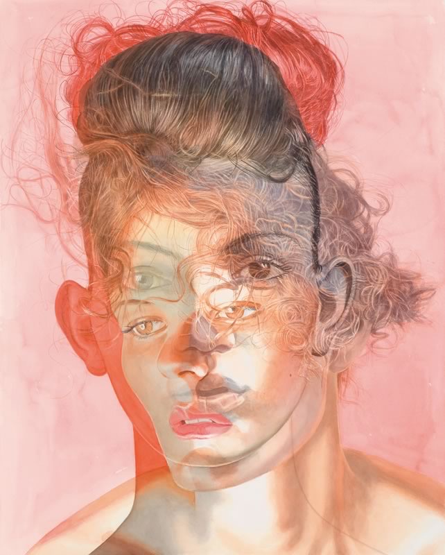 Aquarell: Porträt einer jungen Frau mit hochgesteckten, gelockten Haaren vor rosa Hintergrund, das Gesicht ist mehrfach durchscheinend überlagert.