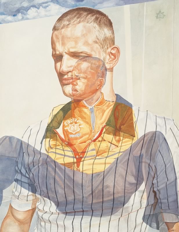Aquarell: Ein kurzhaariger junger Mann in gestreiftem Hemd und grauer Hose sitzt vor einem Himmel mit Wolken, in seinen Oberkörper ist eine zweite, kleinere Gestalt in orangefarbener Jacke hineingemalt.