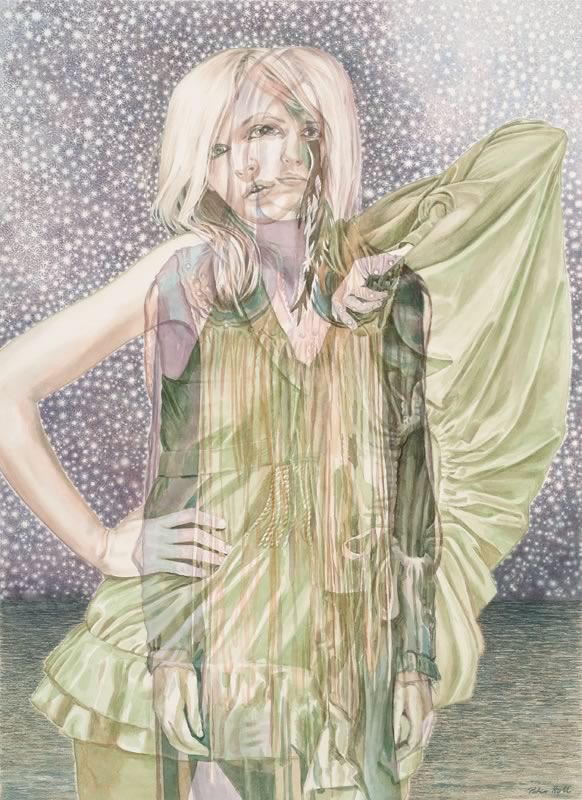 Aquarell: Eine junge Frau mit blondem Haar und hellgrünem Rüschenkleid steht, die Hand in die Hüfte gestützt, vor einem dicht gepunkteten Sternenhimmel über einer Wasserfläche, ihr Bild ist durchscheinend mehrfach überlagert.