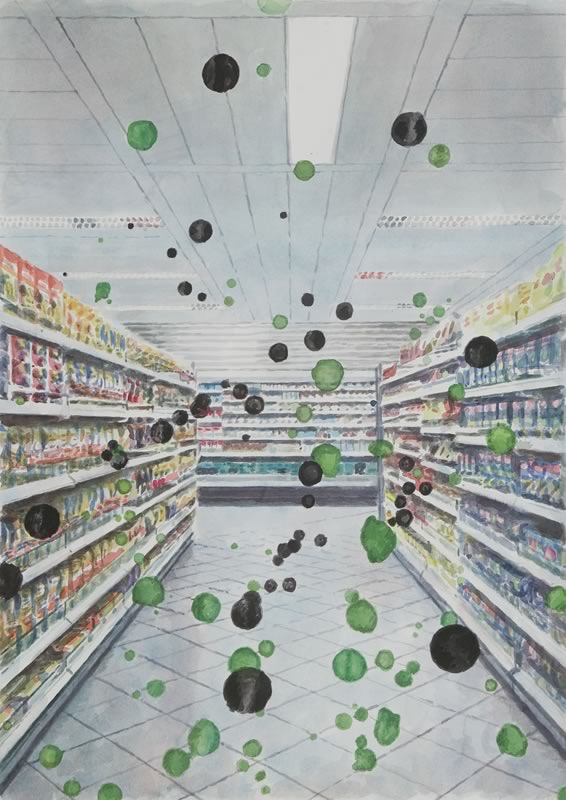 Aquarell: Ein Gang in einem Supermarkt mit vollen Regalen links und rechts, über dem Bild schweben schwarze und grüne Punkte.