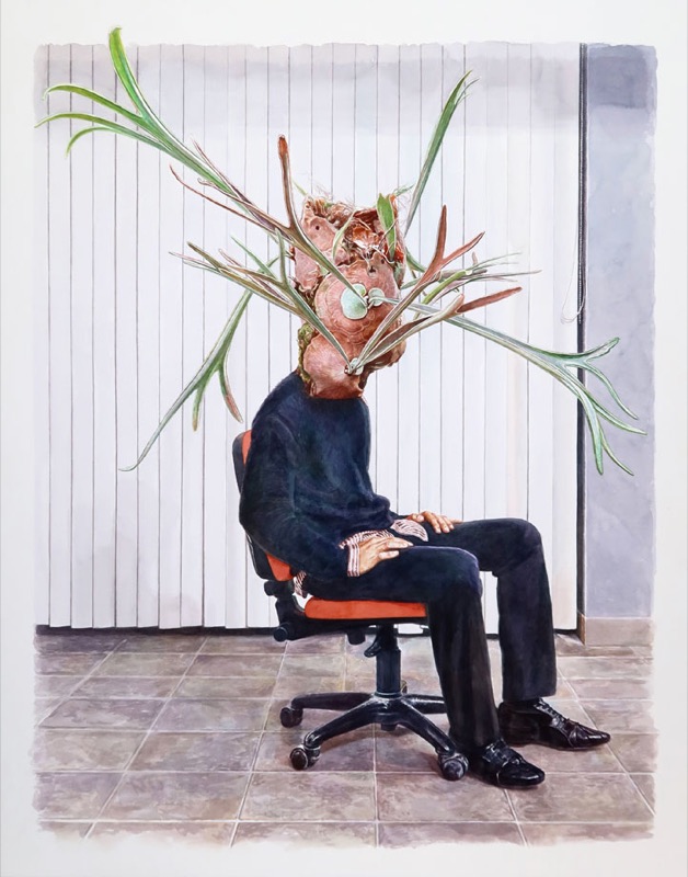 Aquarell: Ein Mann in dunklem Anzug sitzt auf einem roten Bürostuhl vor weißen Lamellenvorhängen, sein Kopf ist durch eine Geweihfarn-Pflanze ersetzt.