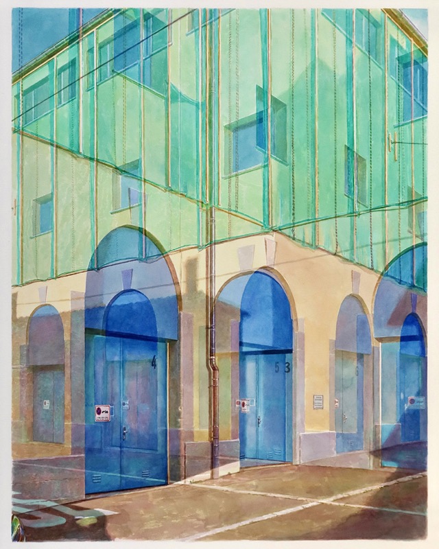 Aquarell: Gelbes Gebäude mit blauen Toren und Bogen, darüber eine durchsichtige grüne Fläche.