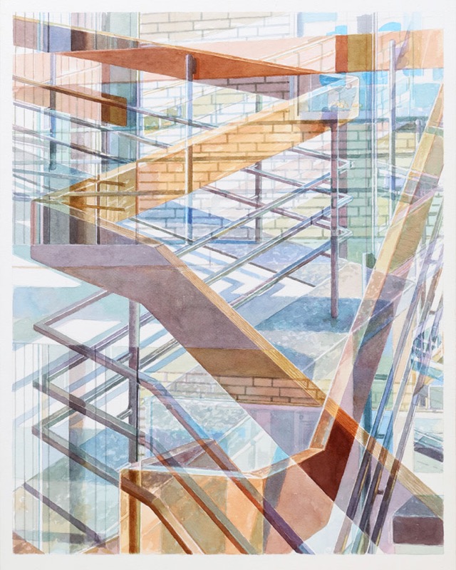Aquarell: Treppen mit Metallgeländern und Glasscheiben vor einer hellen Backsteinwand.