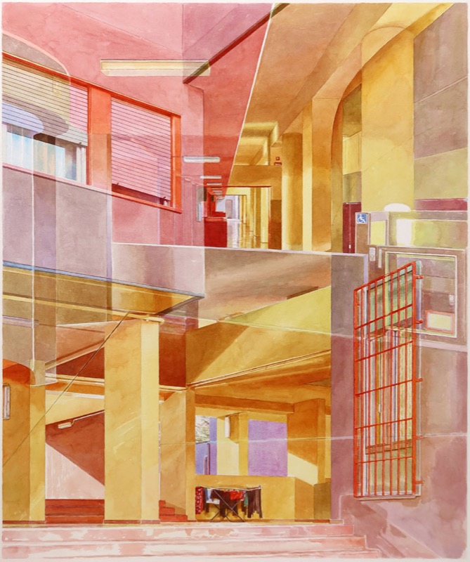 Aquarell: Innenraum mit Säulen und Treppen in Gelb, Rosa und Rot, rechts ein rotes Gitter.