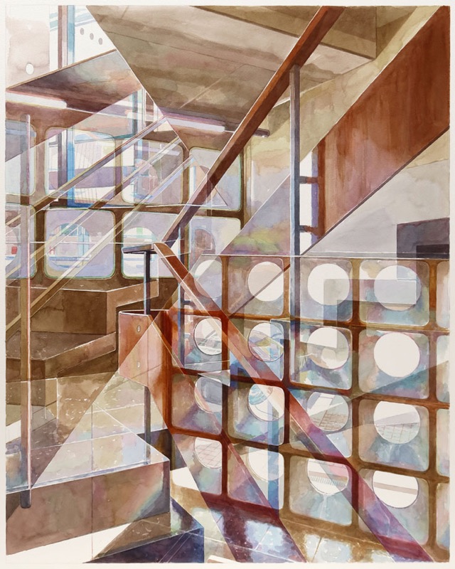 Aquarell: Treppenhaus mit braunen Geländern, rechts ein Raster aus runden Öffnungen, das sich durchsichtig überlagert.