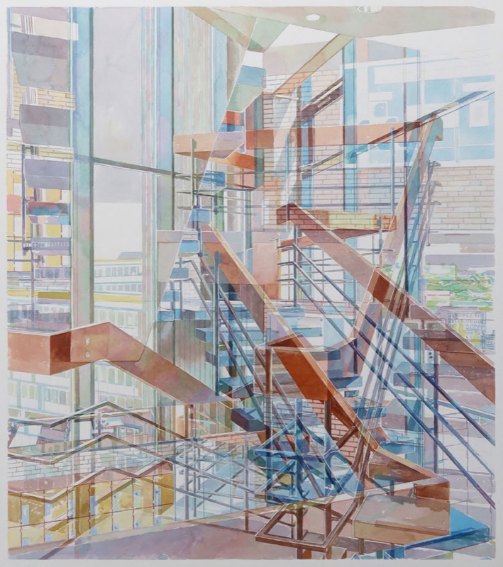 Aquarell: Treppenhaus aus Glas und Metall mit orangefarbenen Treppenläufen, dahinter Fenster mit Blick auf Gebäude.