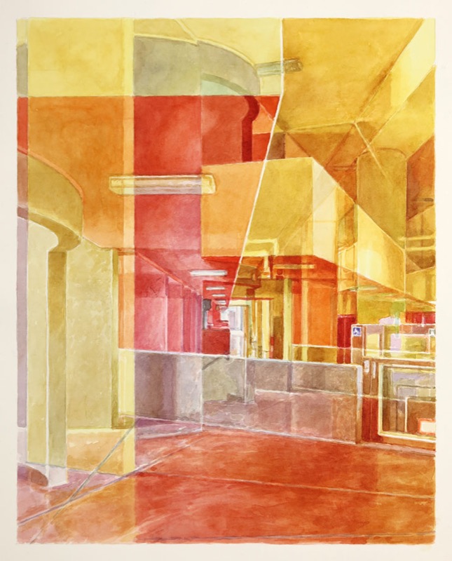 Aquarell: Innenraum in Gelb, Orange und Rot mit Säulen, Glasflächen und einem langen Flur, durchsichtig überlagert.