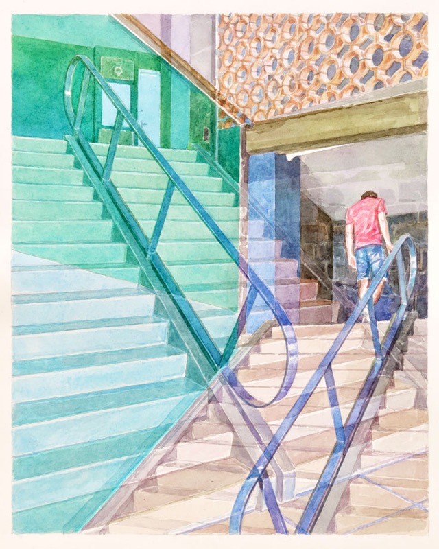 Aquarell: Treppenhaus mit türkisgrünen Stufen und blauem Geländer, rechts steigt eine Person in rotem Hemd die Stufen hinauf.