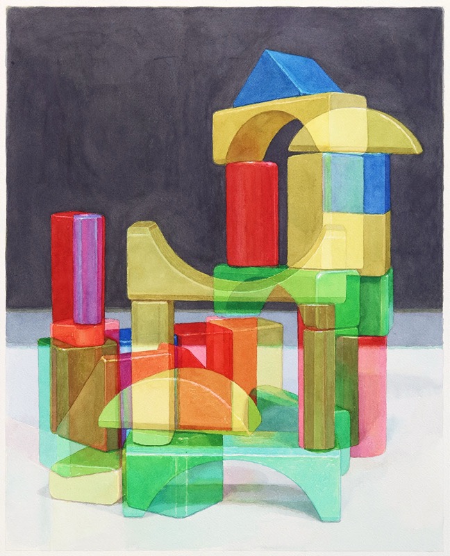Aquarell: Ein Turm aus durchscheinenden, bunten Holzbausteinen in Rot, Gelb, Grün und Blau vor dunkelgrauem Hintergrund auf hellem Tisch.