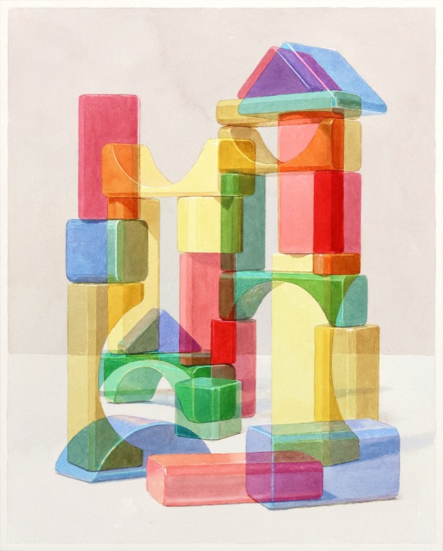 Aquarell: Ein hoher Turm aus durchscheinenden Holzbausteinen in Gelb, Rosa, Grün, Orange und Blau vor hellgrauem Hintergrund, ein Dreieck bildet das Dach.