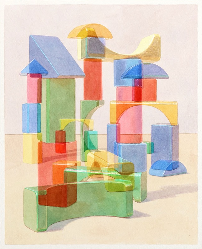 Aquarell: Zwei Türme aus durchscheinenden Holzbausteinen in Blau, Grün, Rosa und Gelb vor zartrosa Hintergrund, vorn liegen grüne Bausteine, rechts wirft ein Turm einen Schatten.