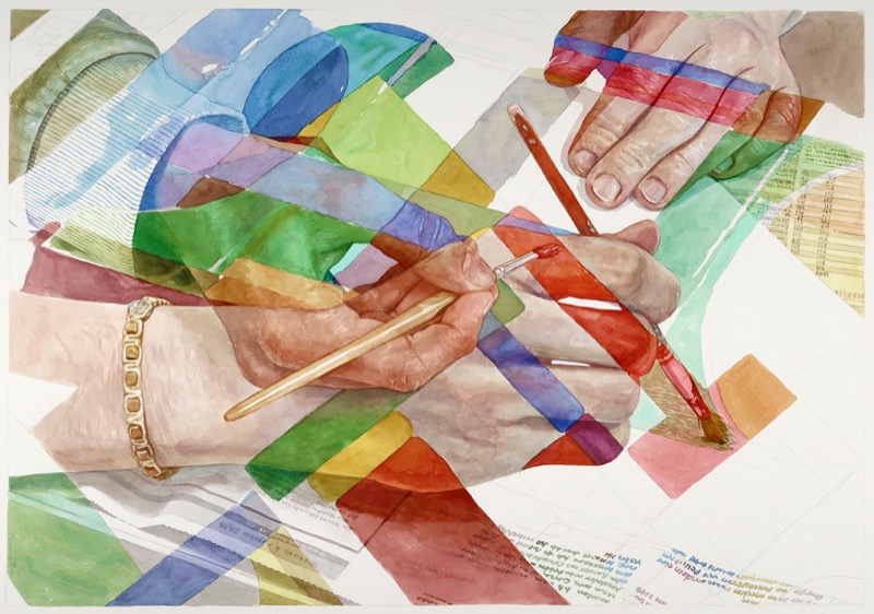 Aquarell: Drei Hände mit Pinseln, eine trägt ein goldenes Armband, dazwischen liegen bunte Farbflächen in Grün, Blau, Rot und Gelb, unten sind Textzeilen sichtbar.