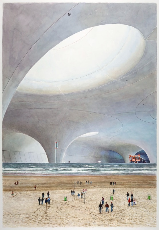 Aquarell: Ein Strand mit vielen kleinen Menschen vor einer riesigen Halle aus hellgrauem Beton mit ovalen Öffnungen, dahinter das Meer.