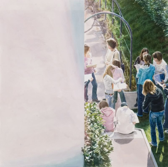 Aquarell: Blick von oben auf eine Gruppe Mädchen mit Zeichenblöcken auf einem Weg an einer hellen Hauswand, neben einem Rosenbogen und einer Hecke.