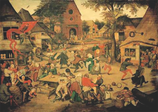 Historisches Gemälde eines Dorffestes: Viele Menschen tanzen, essen und trinken auf einem Platz vor Häusern, im Hintergrund eine Kirche.